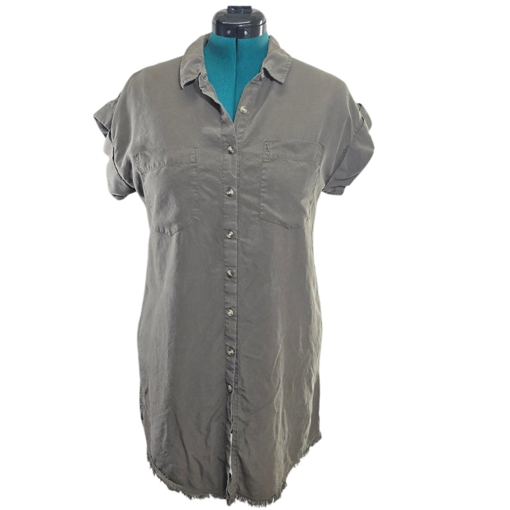 Thread & Supply Shirt Dress Women XS Olive Lyocell Short Sleeve Frayed Boho Chic